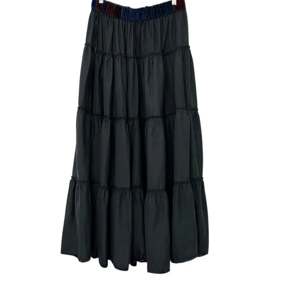 Vintage Velvet Burnout Patchwork Holiday Flowy Tiered Ruffled Maxi Skirt (S/M)